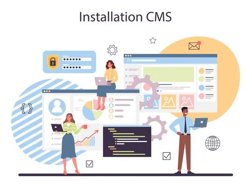 CMS instalation. Content management system. Creation and modification Illustrazione stock