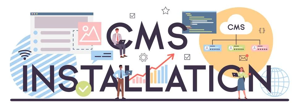 CMS instalation typographic header. Content management system Stock Illustration