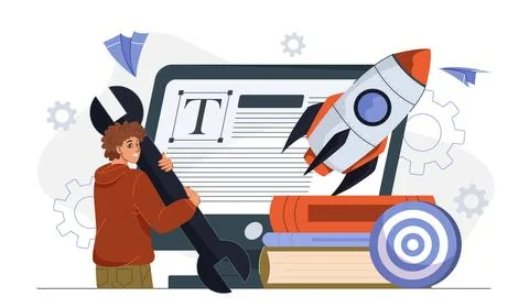CMS introduction content. Man with wrench near computer monitor with article Illustrazione stock