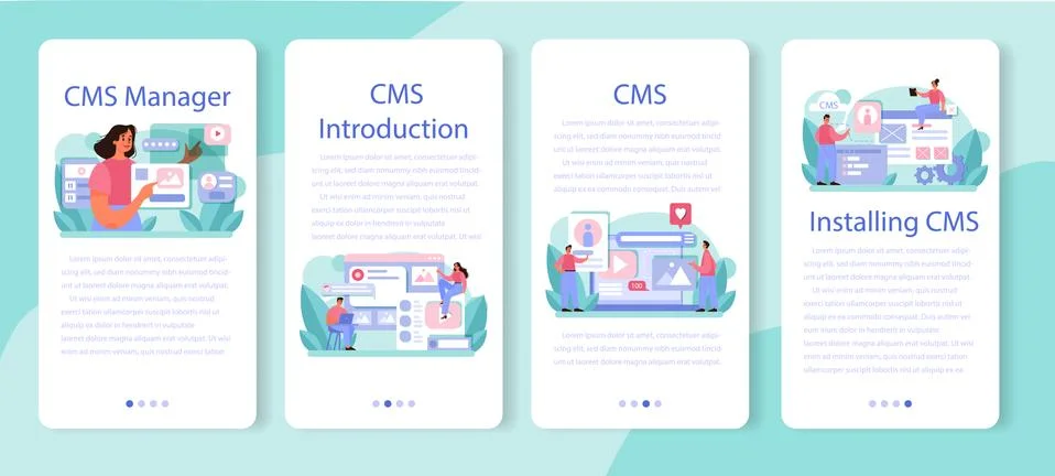 CMS introduction mobile application banner set. Content management system. Stock Illustration