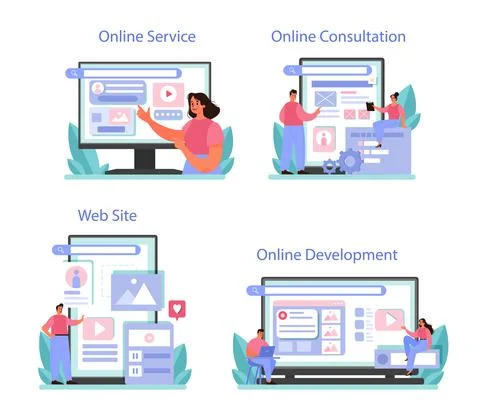 CMS introduction online service or platform set. Content management system. Stock Illustration