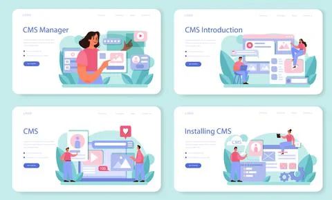 CMS introduction web banner or landing page set. Content management system. Stock Illustration