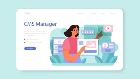 CMS introduction web banner or landing page. Content management system. Stock Illustration