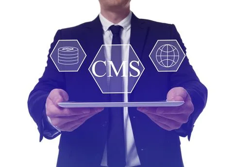 CMS. Man with tablet on white background, closeup. Icons over device Foto stock