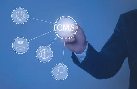 CMS. Man using virtual screen, closeup. Scheme with icons on blue background Foto stock