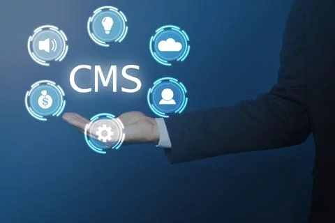 CMS. Man using virtual screen, closeup. Scheme with icons on blue background Foto stock