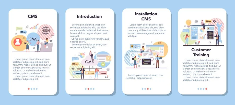 CMS mobile application banner set. Content management 스톡 일러스트