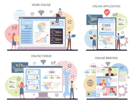 CMS online service or platform set. Content management system. Stock Illustration