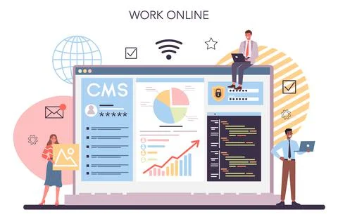 CMS online service or platform. Content management system. Illustrazione stock