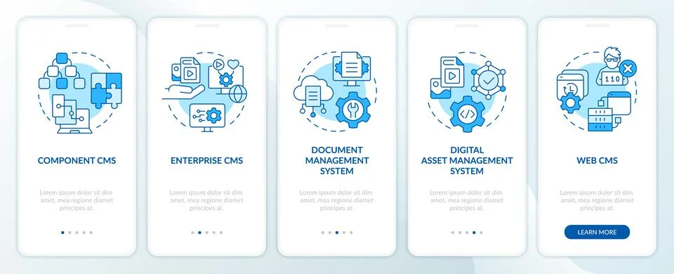 CMS platform types blue onboarding mobile app screen Stock Illustration