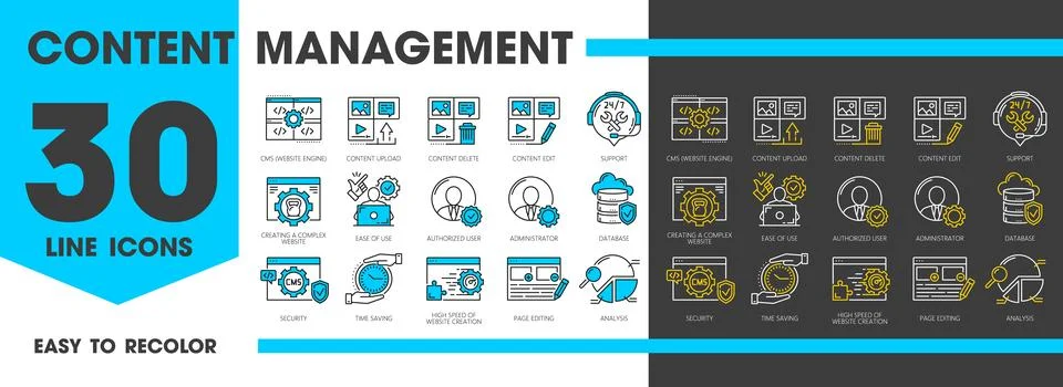 Cms symbols, content management system icons set Stock Illustration