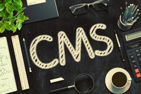 CMS - Text on Black Chalkboard. 3D Rendering Stock Illustration
