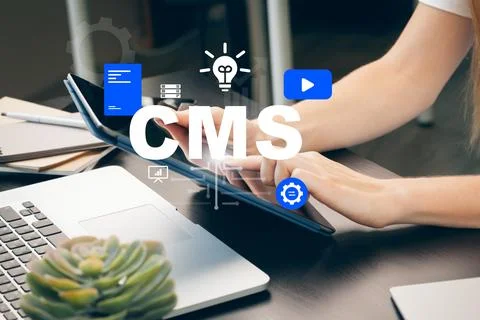 CMS tools support web management and content updates by users on devices like Stock Photos