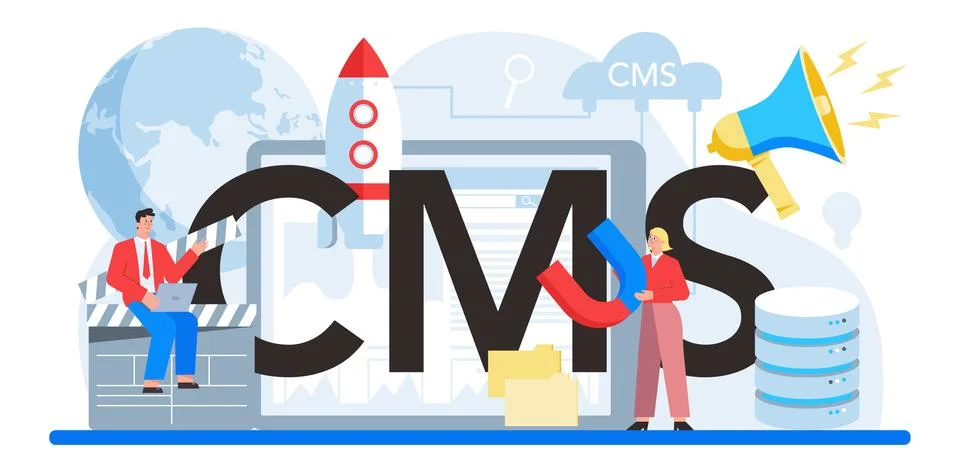 CMS typographic header. Content management system. Creation and modification Illustrazione stock