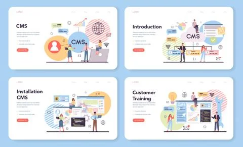 CMS web banner or landing page set. Content management Stock Illustration