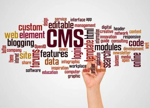 CMS word cloud and hand with marker concept Stockillustratie