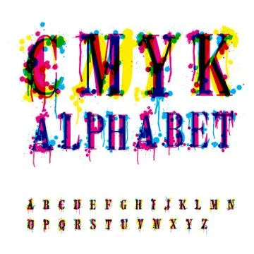 Cmyk alphabet. composition from unrecognized different letters and drops and  Ilustración de archivo