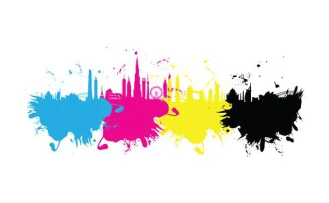 Cmyk building cityscape pattern splash Illustrazione stock