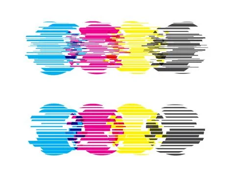 CMYK circles with glitch effects. Vector illustration on white Stock Illustration