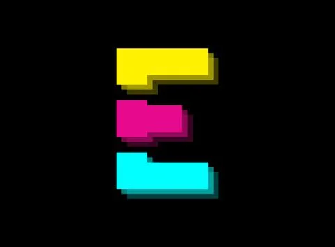 Cmyk color font logo, E letter vector desing. Dynamic split blue, pink, yello Stock Illustration