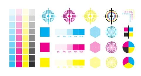 CMYK Color Print Test Chart Vector Set with Registration Marks Crosshair Targ Stock Illustration