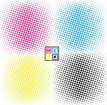 Cmyk halftone dot pattern vector illustration set, halftone dots and squares Stock Illustration