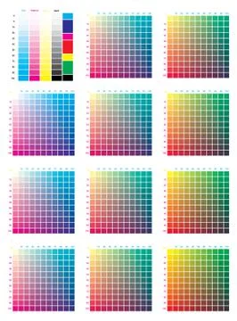 CMYK Press Color Chart. Vector color palette, CMYK process printing match Illustrazione stock