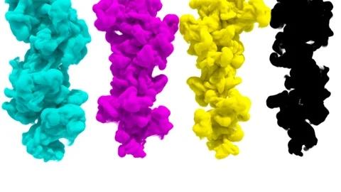 CMYK printer ink drops slowly expanding in water - 3D render Stock Footage