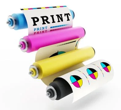CMYK Printing press with test print. 3D illustration 스톡 일러스트