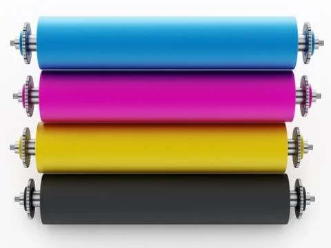 CMYK Printing press with test print. 3D illustration 스톡 일러스트