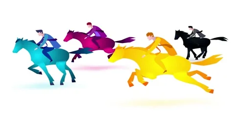 CMYK riders cartoon version 1. Four businessmen riding colour vector horses. Stock Footage 136288380