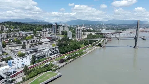 CN Fraser River Rail Bridge - Riverview Bridge - New Westminster - British Stock Footage 345943334