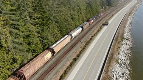 CN Rail grain train slow drone pan 4K footage Stock Footage 149144806