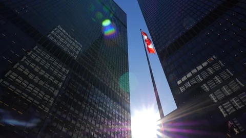 CN Tower with 2 tall downtown office buildings on sunny day with Canadian Flag Stockbeeldmateriaal 87708200