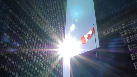 CN Tower with 2 tall downtown office buildings on sunny day with Canadian Flag Stock Footage 87708337