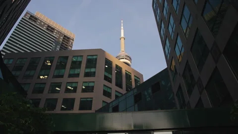 CN Tower revealed between modern glass buildings Vídeo Stock 337401830