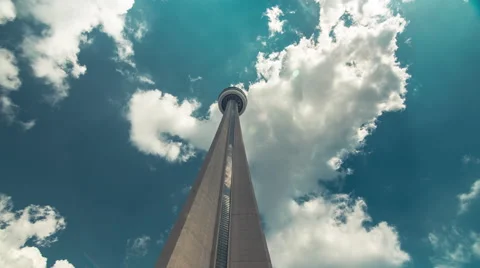 CN Tower Toronto Low Angle Tourism Closeup Blue Sky Clouds Timelapse 5k Stock Footage 66780991