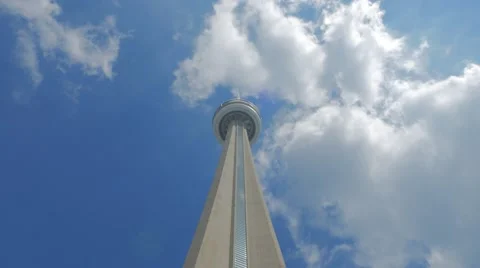 CN Tower Toronto Low Angle Tourism Closeup Blue Sky Clouds Wide Video stock 66782304