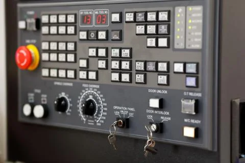 CNC control panel of lathe machine close up Stock Photos