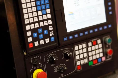 CNC control panel of machining center closeup Stock Photos