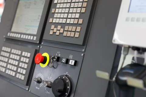 CNC control panel of a machining center close up Stock Photos