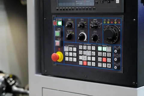 CNC control panel of metalworking turning machine Stock Photos