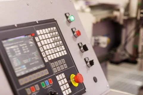 CNC control panel of modern machining center Stock Photos