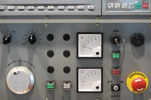 CNC control panel with voltmeter and ammeter Foto stock