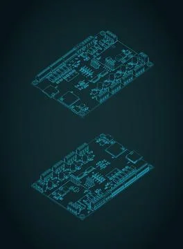 CNC controller and stepper motor drivers isometric blueprints Stock Illustration
