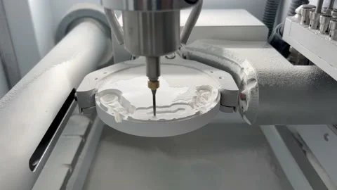 CNC dental milling machine carving out shape of artificial teeth in the lab Stock Footage 183531324