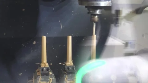 CNC Drill Head Working Above Upright Brass Pins Stock Footage 340900285