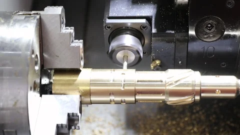 CNC lathe demonstate cutting process Stock Footage 97389482