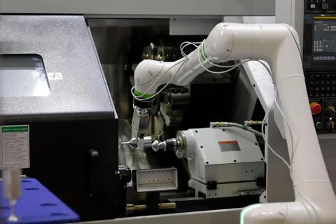 CNC lathe machine and collaborative robot Stock Photos