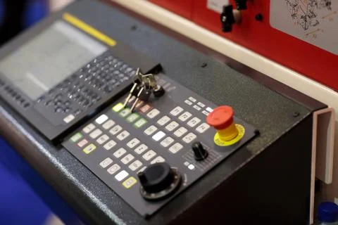 CNC lathe machine control panel close up Stock Photos